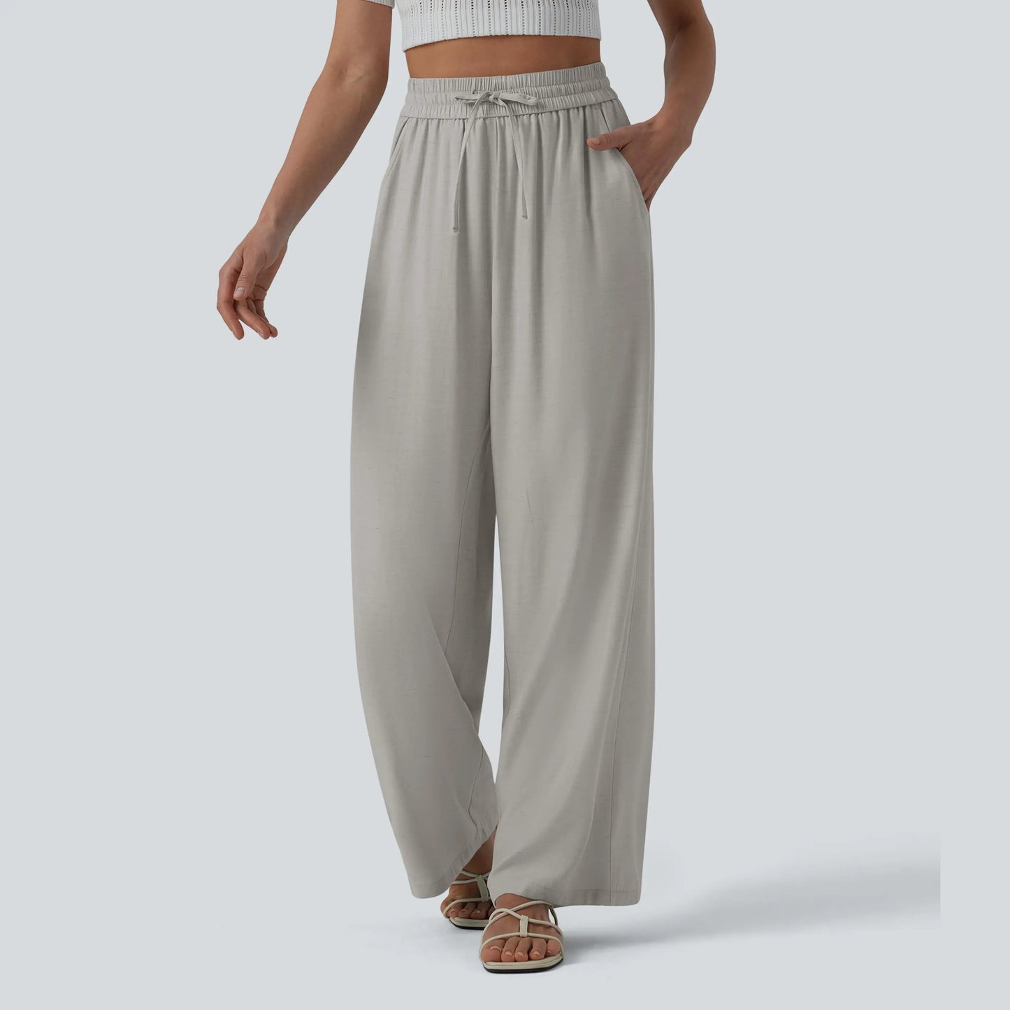 Halara High-Waisted Drawstring Wide-Leg Casual Linen-Blend Pants with Pockets