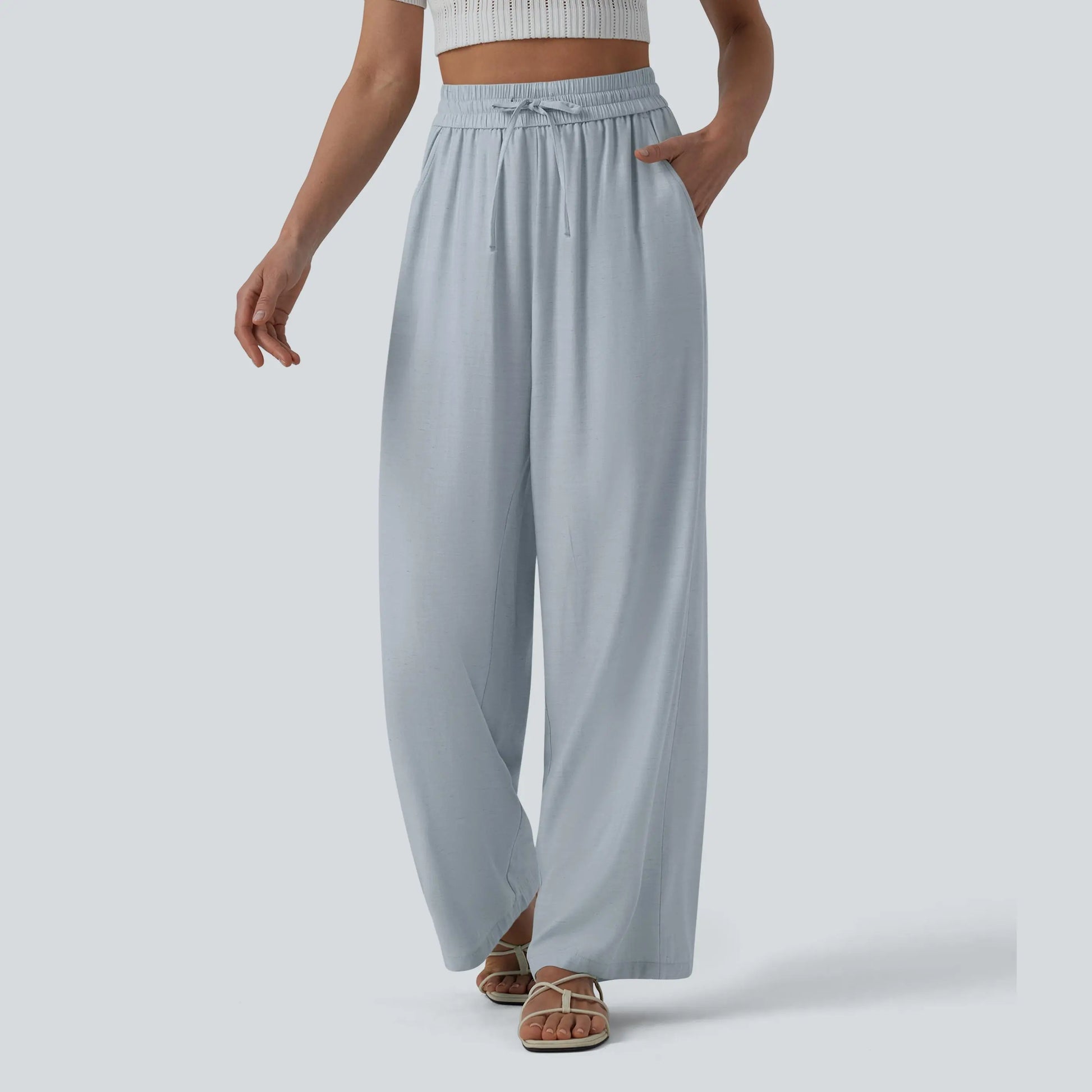 Halara High-Waisted Drawstring Wide-Leg Casual Linen-Blend Pants with Pockets