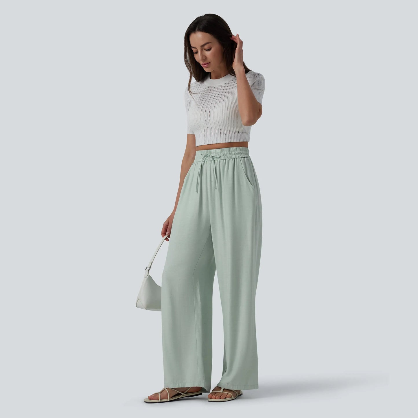Halara High-Waisted Drawstring Wide-Leg Casual Linen-Blend Pants with Pockets