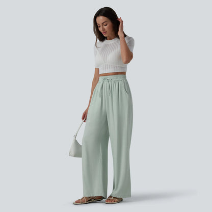 Halara High-Waisted Drawstring Wide-Leg Casual Linen-Blend Pants with Pockets