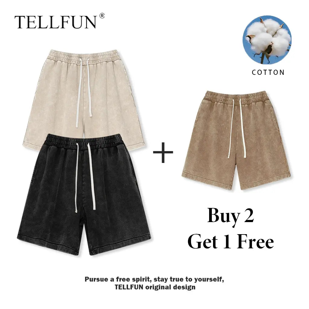 Men's Vintage Acid Washed Cotton Athletic Sweat Shorts - Buy 2, Get 1 Free - Elastic Waist, Drawstring, Pockets, Baggy Fit, Ideal for Gym and Streetwear
