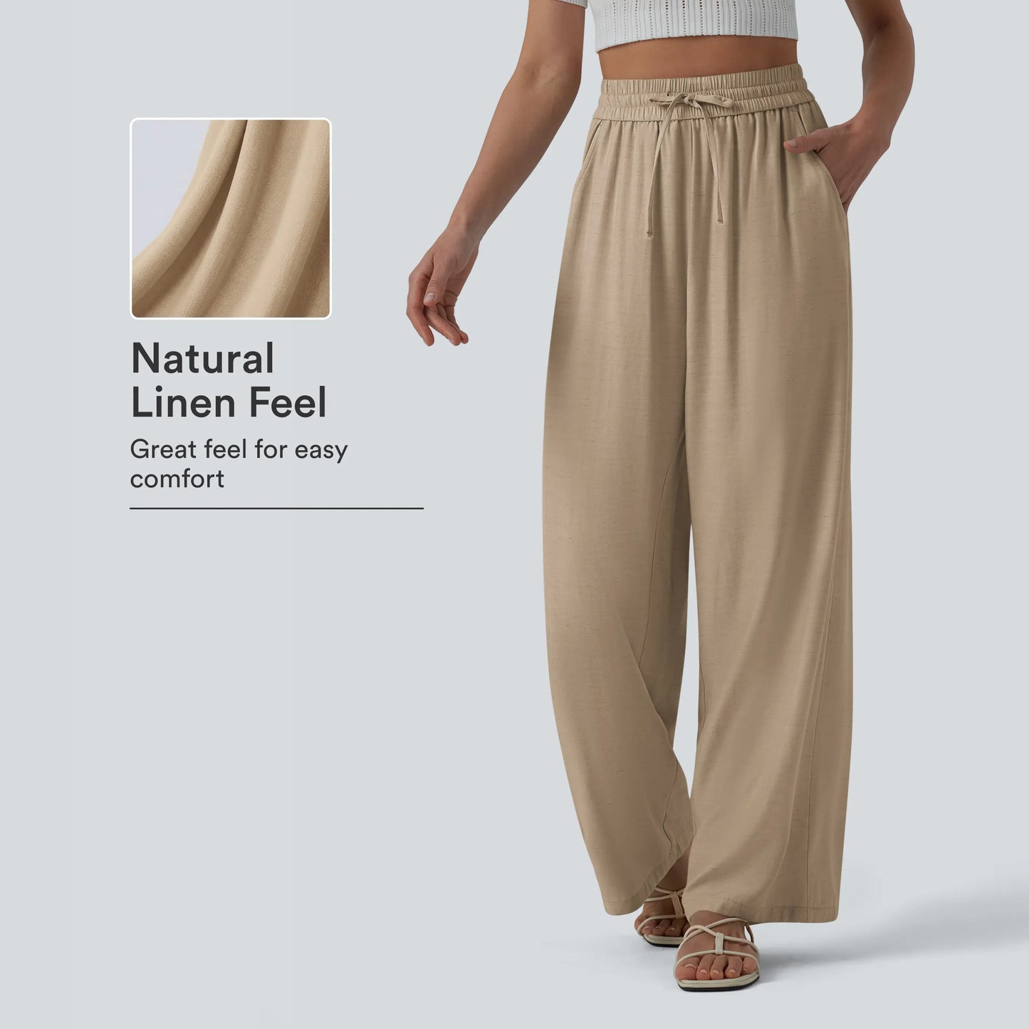 Halara High-Waisted Drawstring Wide-Leg Casual Linen-Blend Pants with Pockets