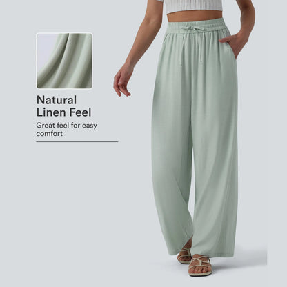 Halara High-Waisted Drawstring Wide-Leg Casual Linen-Blend Pants with Pockets