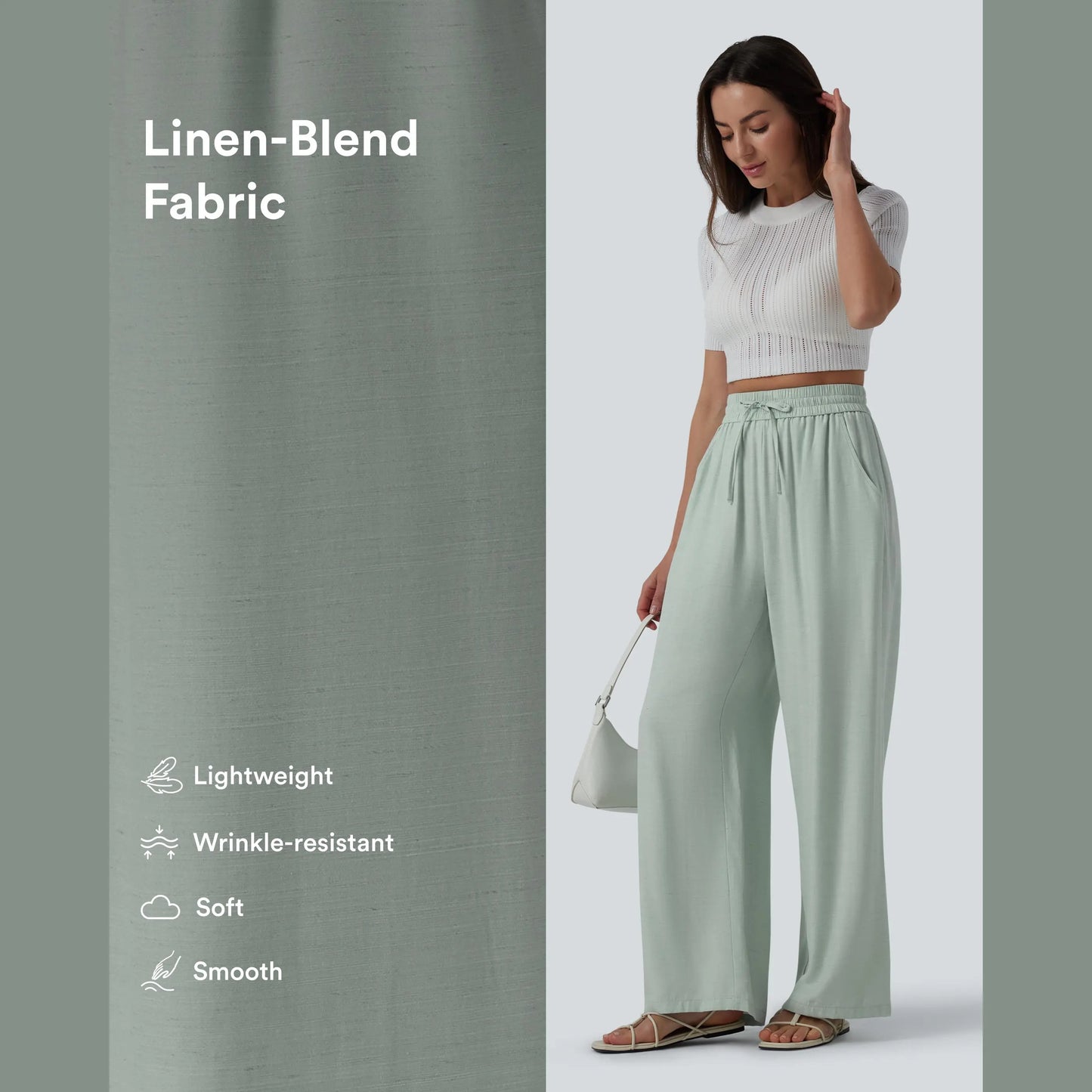 Halara High-Waisted Drawstring Wide-Leg Casual Linen-Blend Pants with Pockets