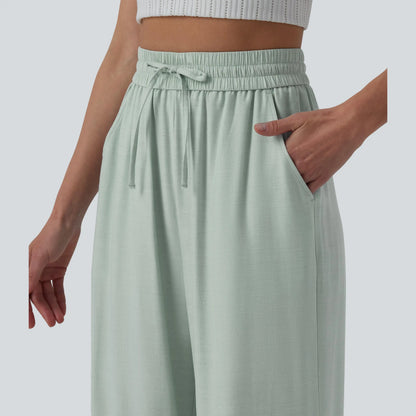 Halara High-Waisted Drawstring Wide-Leg Casual Linen-Blend Pants with Pockets