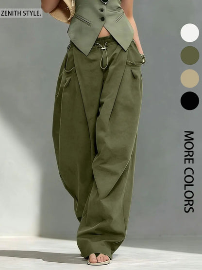 Hip-Hop Inspired Pleated Cuffed Lantern Pants for Women - Loose Fit Drape Trousers for Casual Spring & Fall Fashion