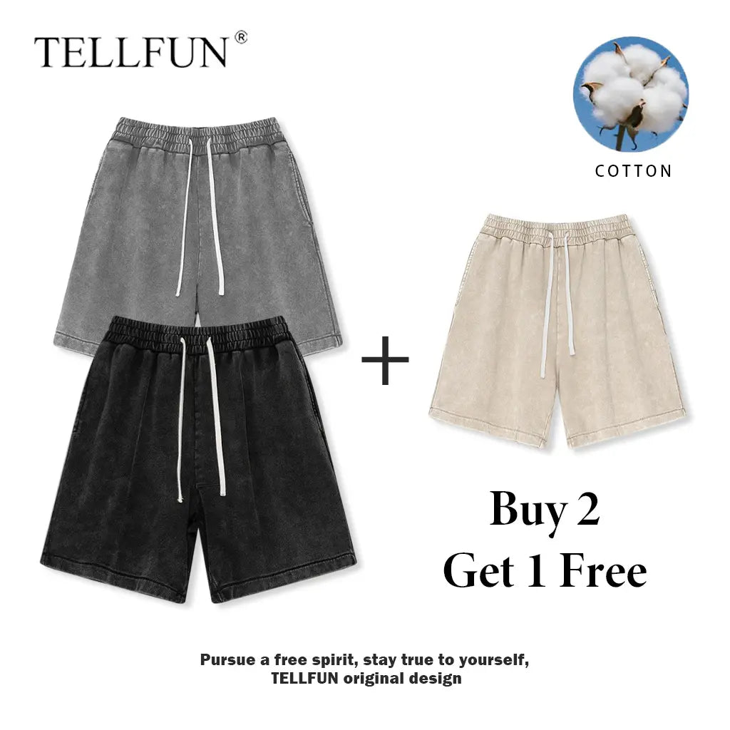 Men's Vintage Acid Washed Cotton Athletic Sweat Shorts - Buy 2, Get 1 Free - Elastic Waist, Drawstring, Pockets, Baggy Fit, Ideal for Gym and Streetwear