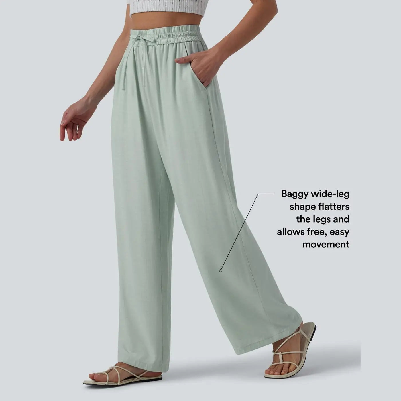 Halara High-Waisted Drawstring Wide-Leg Casual Linen-Blend Pants with Pockets