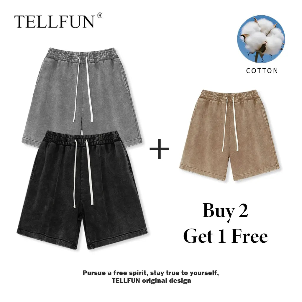 Men's Vintage Acid Washed Cotton Athletic Sweat Shorts - Buy 2, Get 1 Free - Elastic Waist, Drawstring, Pockets, Baggy Fit, Ideal for Gym and Streetwear