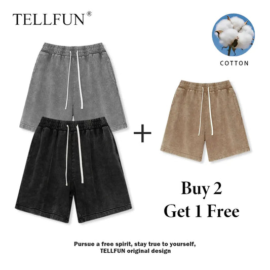 Men's Vintage Acid Washed Cotton Athletic Sweat Shorts - Buy 2, Get 1 Free - Elastic Waist, Drawstring, Pockets, Baggy Fit, Ideal for Gym and Streetwear