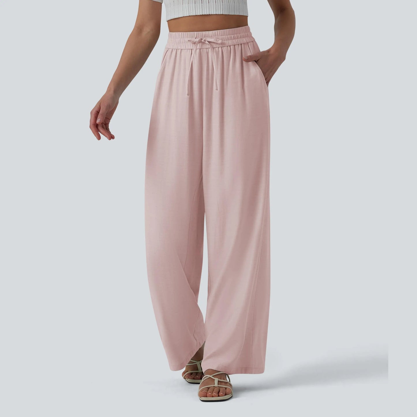 Halara High-Waisted Drawstring Wide-Leg Casual Linen-Blend Pants with Pockets